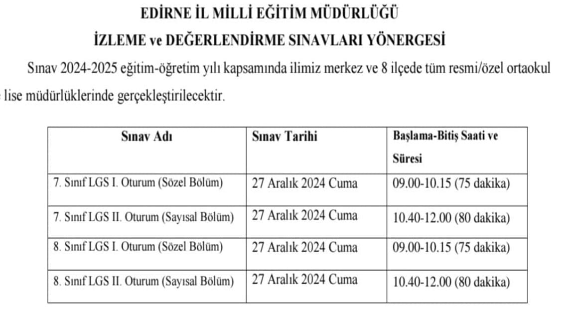 Edirne İli Milli Eğitim Müdürlüğü İzleme ve Değerlendirme Sınav Tarihleri